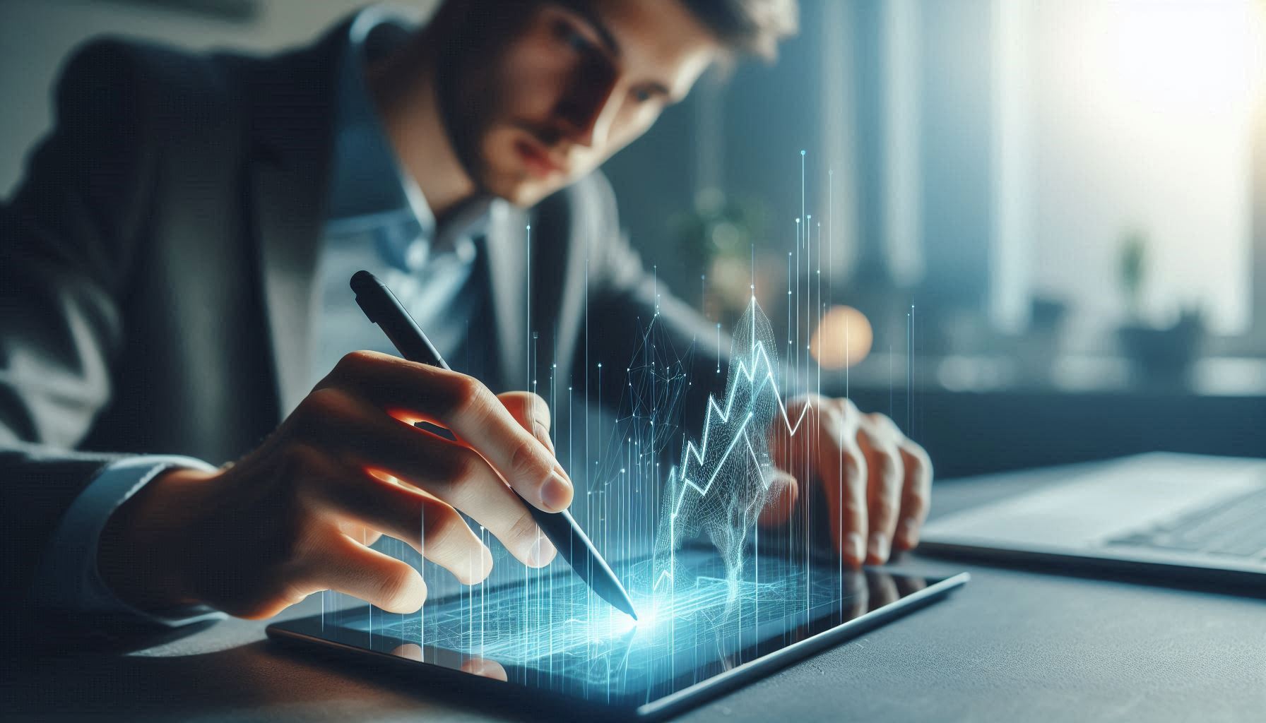 Digital forex trading view on a tablet screen with blue transparent lines